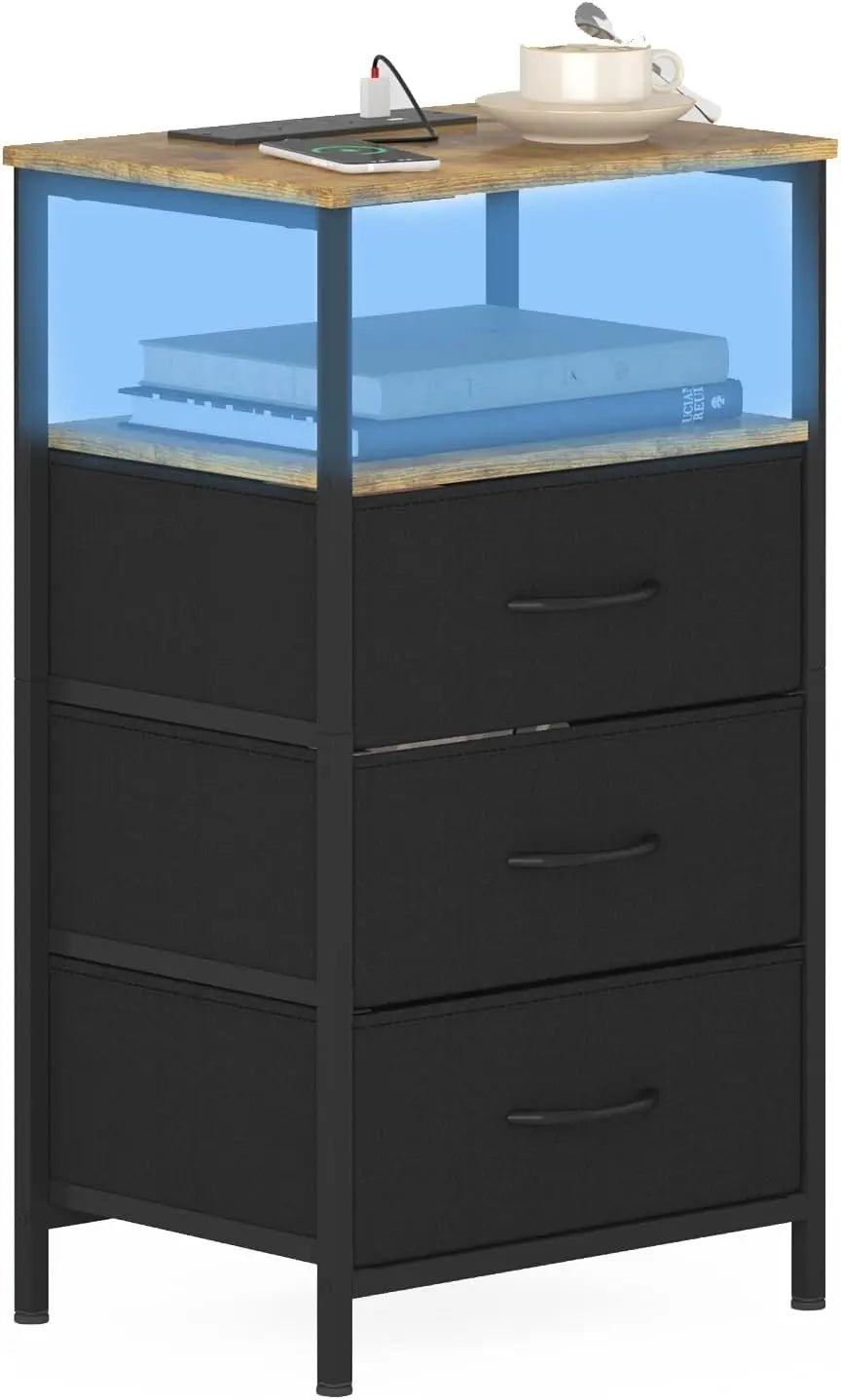 XMSJ LED End Table Modern Morocco - Charging Station with 3 Fabric Drawers & Shelf - Deal Done