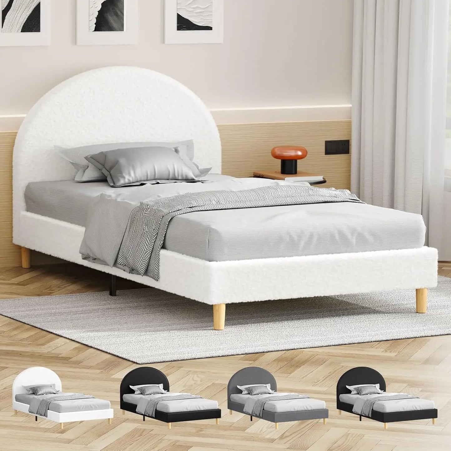 Single Size Bed Frame Calla Series, Boucle Fabric White, Bed Base Mattress Platform Foundation with Headboard - Deal Done