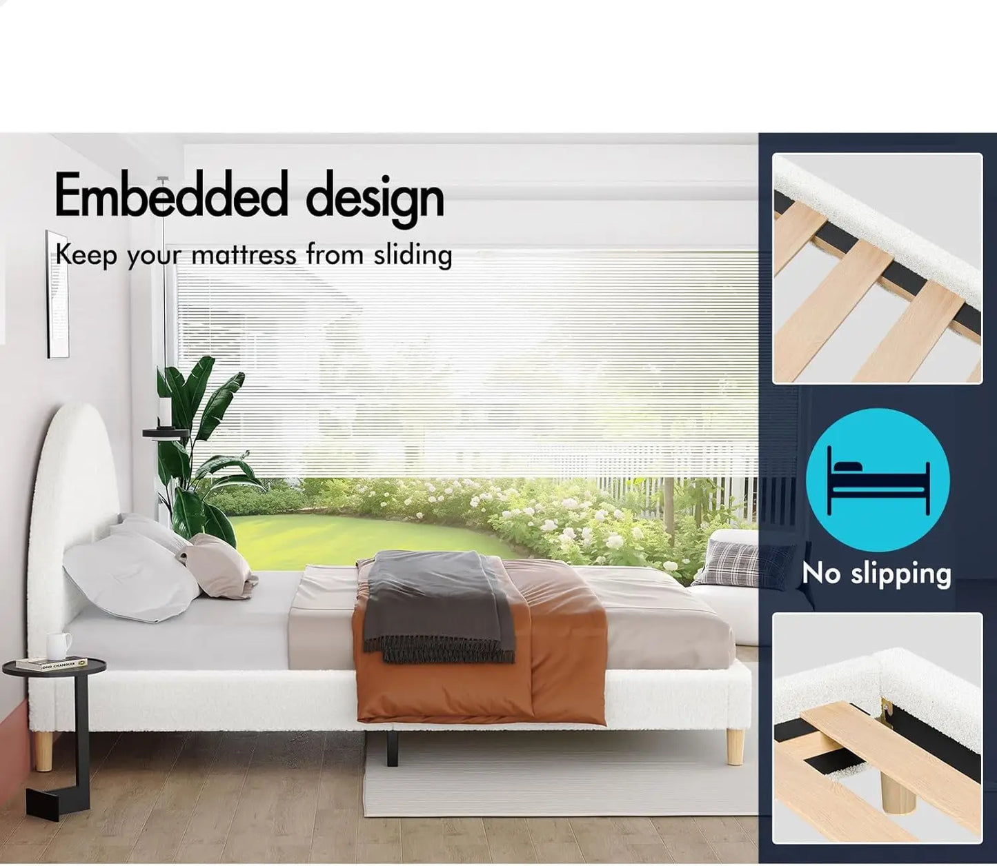 Single Size Bed Frame Calla Series, Boucle Fabric White, Bed Base Mattress Platform Foundation with Headboard - Deal Done