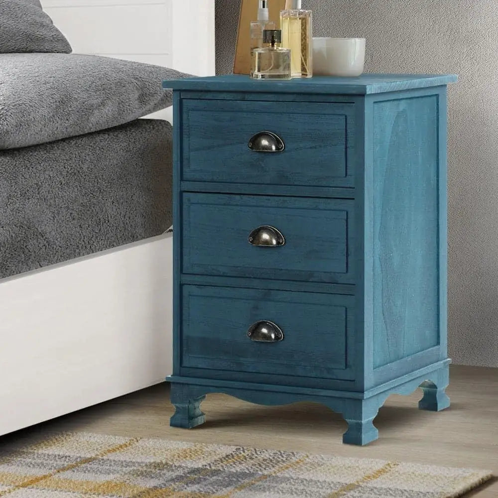 XMSJ Vintage Blue Bedside Table Modern Morocco - 3 Drawer Chest Storage - Deal Done
