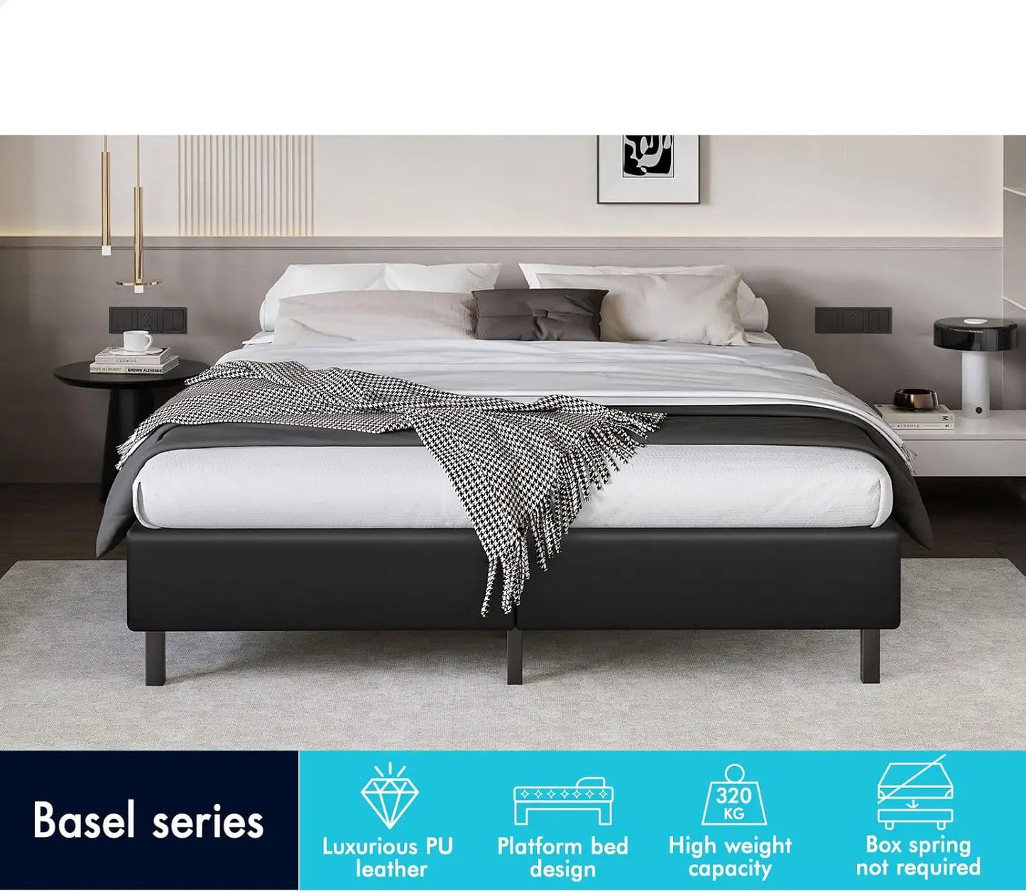 XMSJ Double Bed Frame Platform Base - PU Leather Upholstered Black Basel No Headboard - Deal Done