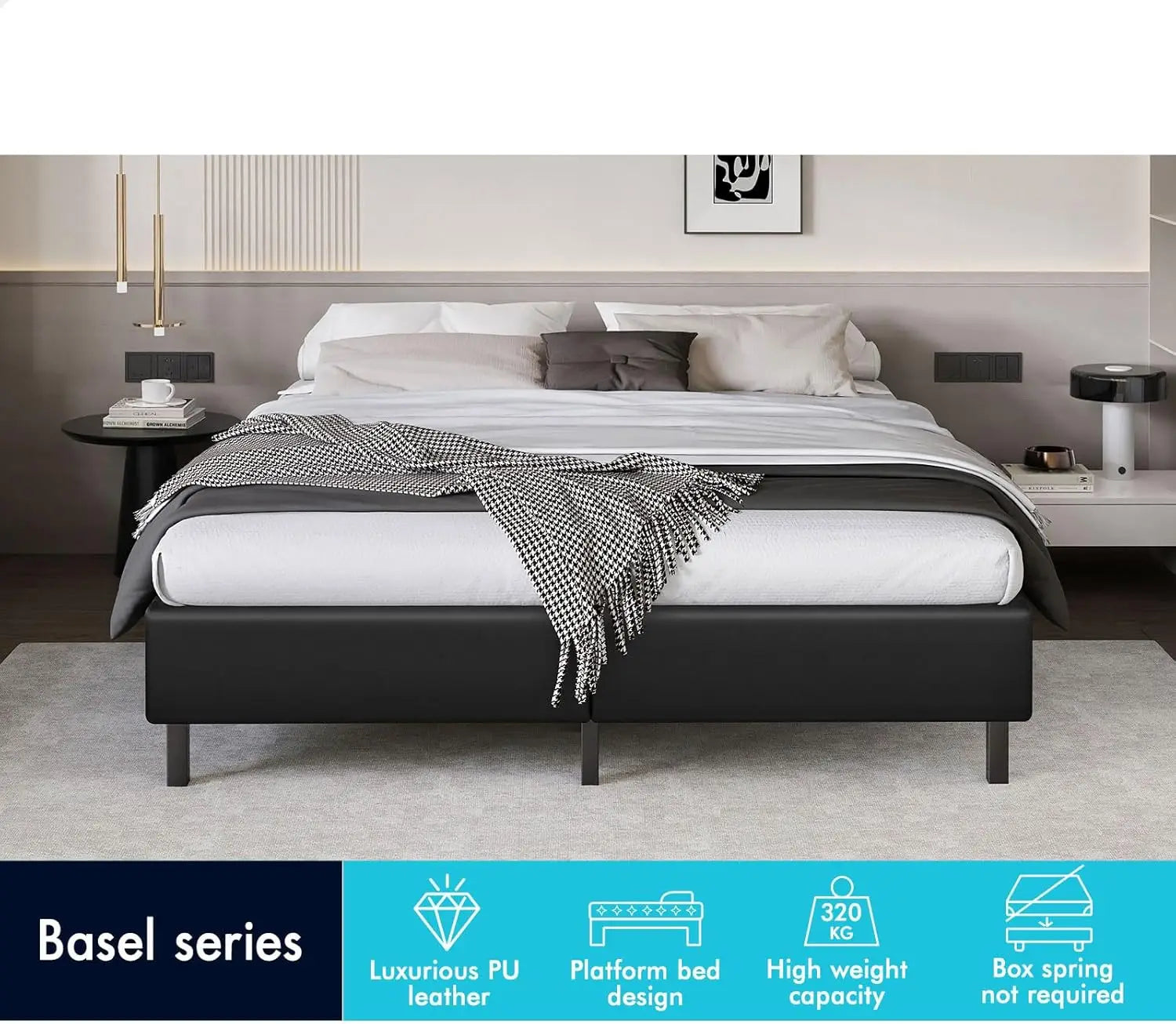 XMSJ Double Bed Frame Platform Base - PU Leather Upholstered Black Basel No Headboard - Deal Done