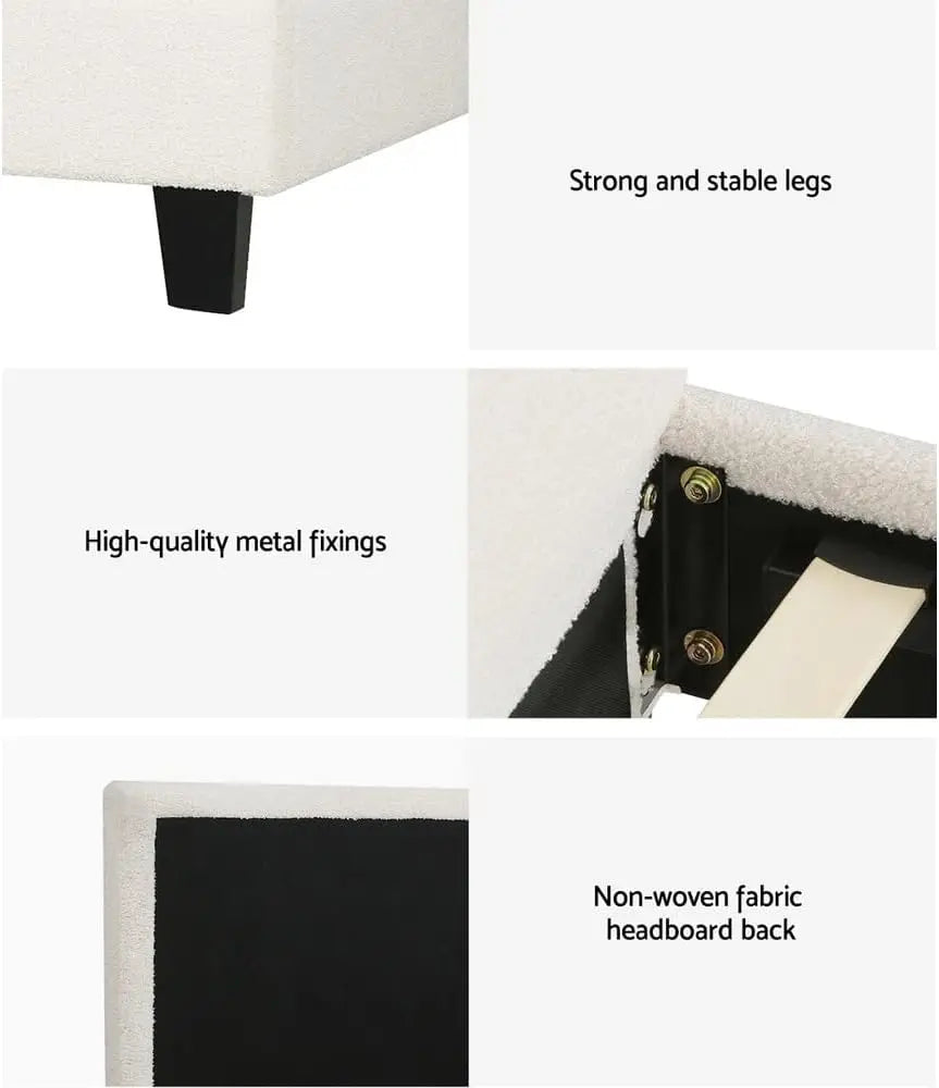 Queen Bed Frame with Wooden Headboard - White Boucle Upholstered Platform Bed - Deal Done