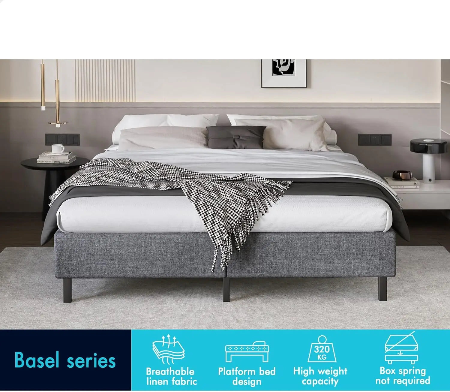 XMSJ Queen Platform Bed Frame Grey - Linen Upholstered No Headboard - Deal Done