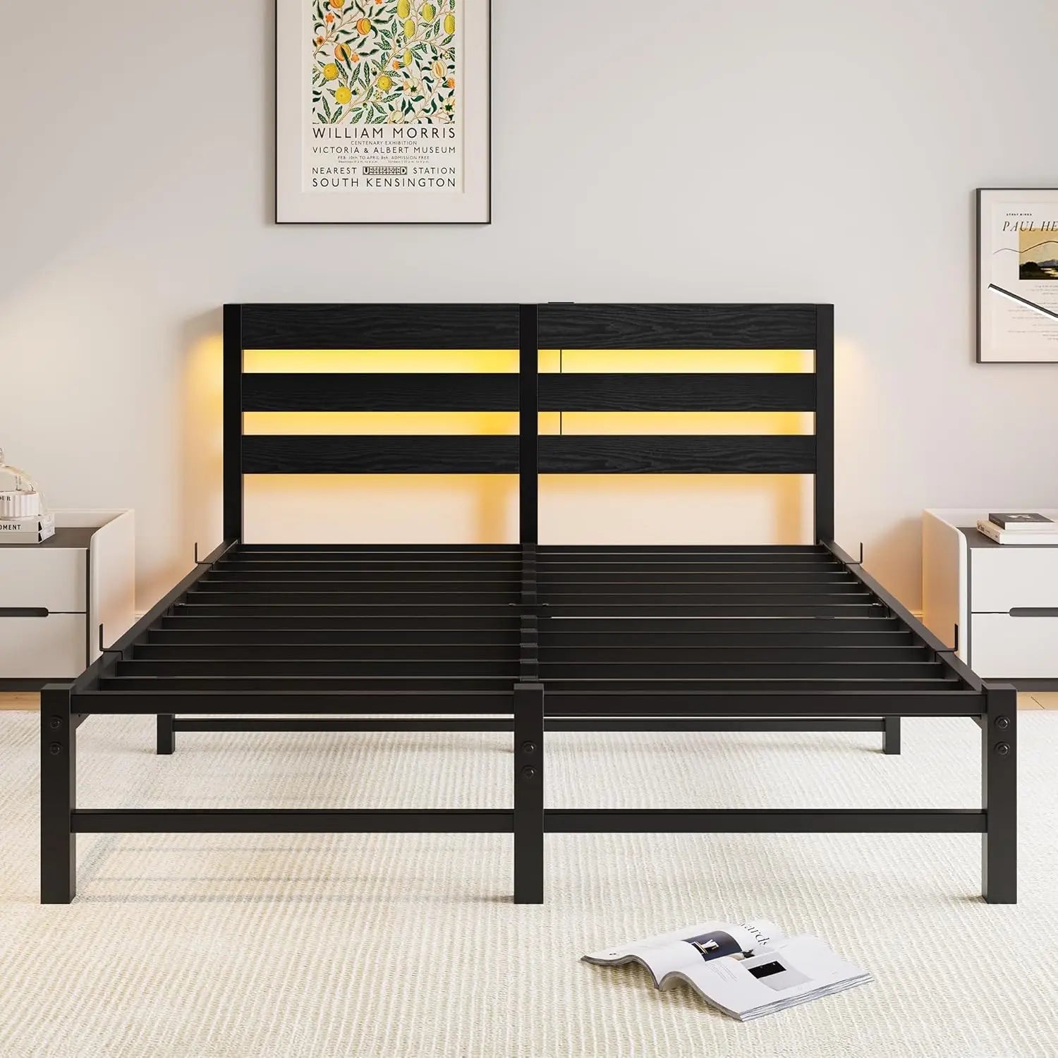 XMSJ Queen Bed Frame Black USB Charging Station LED Lights - Metal Platform Wood Storage Headboard - Deal Done