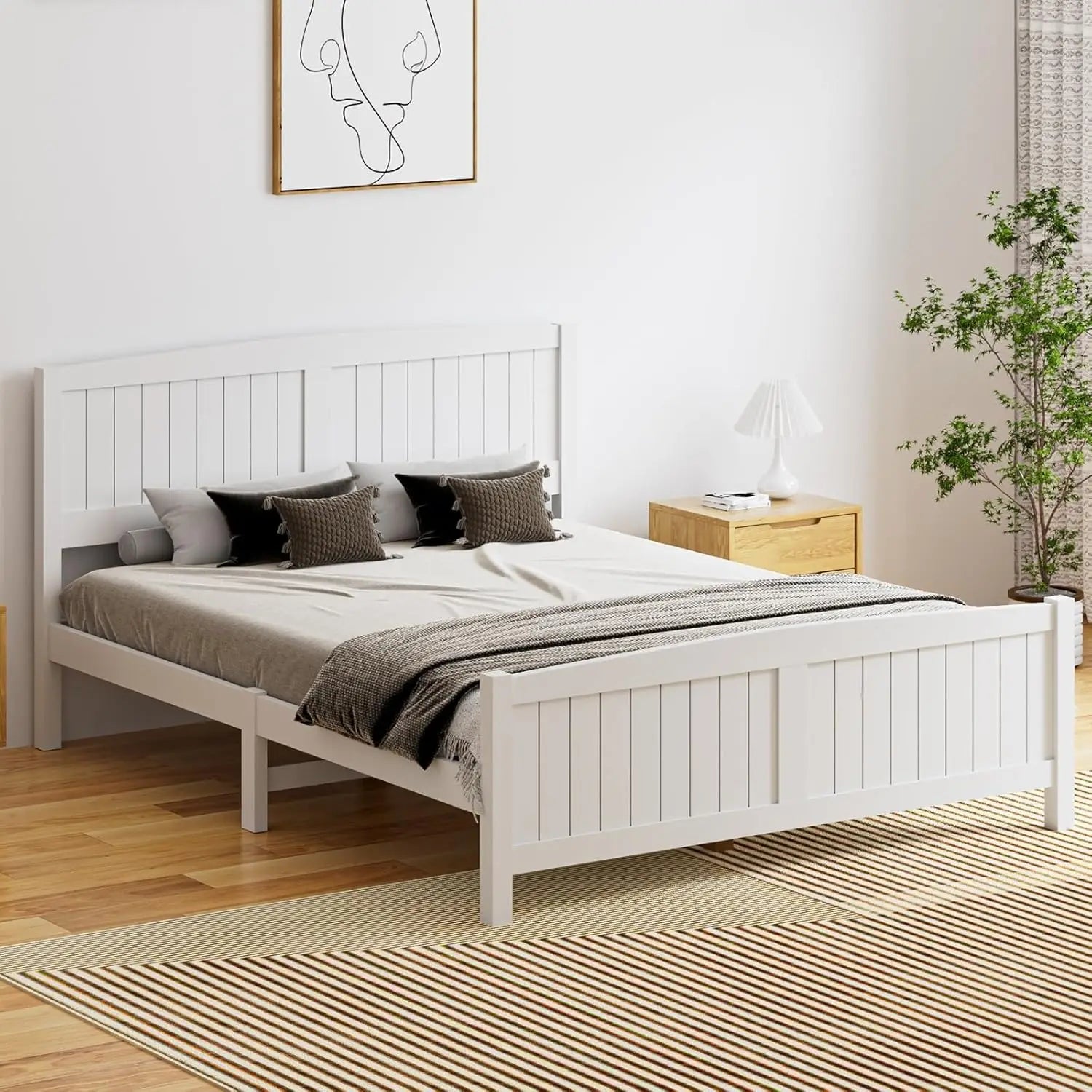 XMSJ Queen Bed Frame White Pine Wood - Platform Bed with Headboard & Footboard - Deal Done