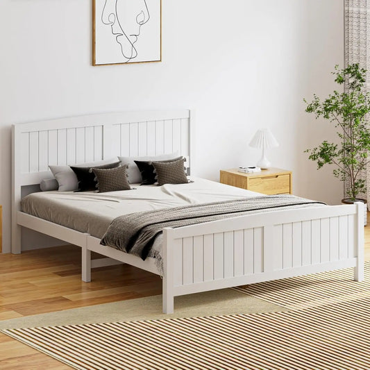 XMSJ Queen Bed Frame White Pine Wood - Platform Bed with Headboard & Footboard - Deal Done