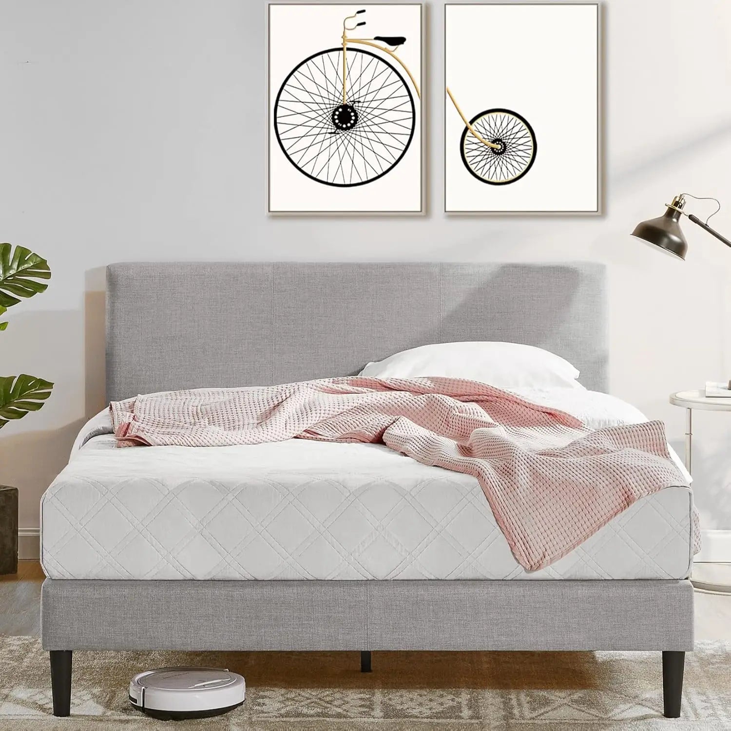 XMSJ Queen Bed Frame Fabric Upholstered Platform - Light Grey Classic Style - Deal Done