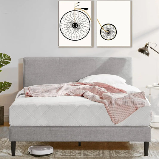 XMSJ Queen Bed Frame Fabric Upholstered Platform - Light Grey Classic Style - Deal Done
