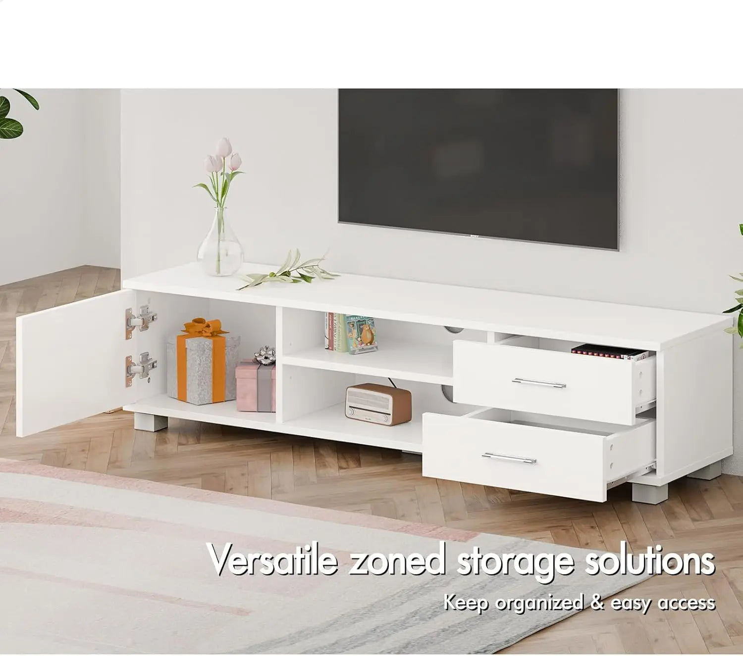 XMSJ TV Cabinet Stand 120cm - Modern Entertainment Unit with 2 Drawers & Shelves - Deal Done
