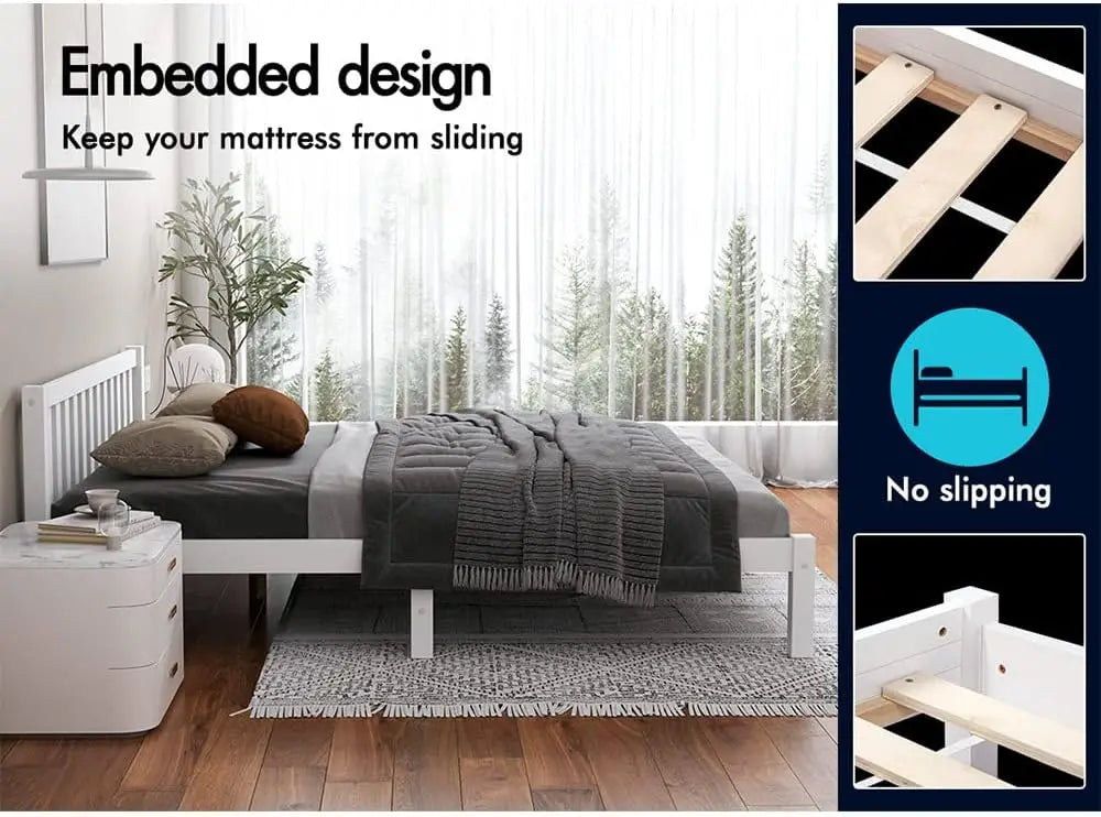 XMSJ Double Wooden Bed Base White - Pine Timber Slats Platform 1600mm - Deal Done