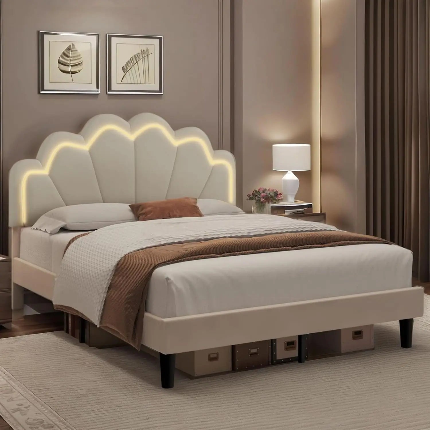 XMSJ Double Bed Frame Elegant Flowers Headboard - Metal Platform Wooden Mattress Base - Deal Done