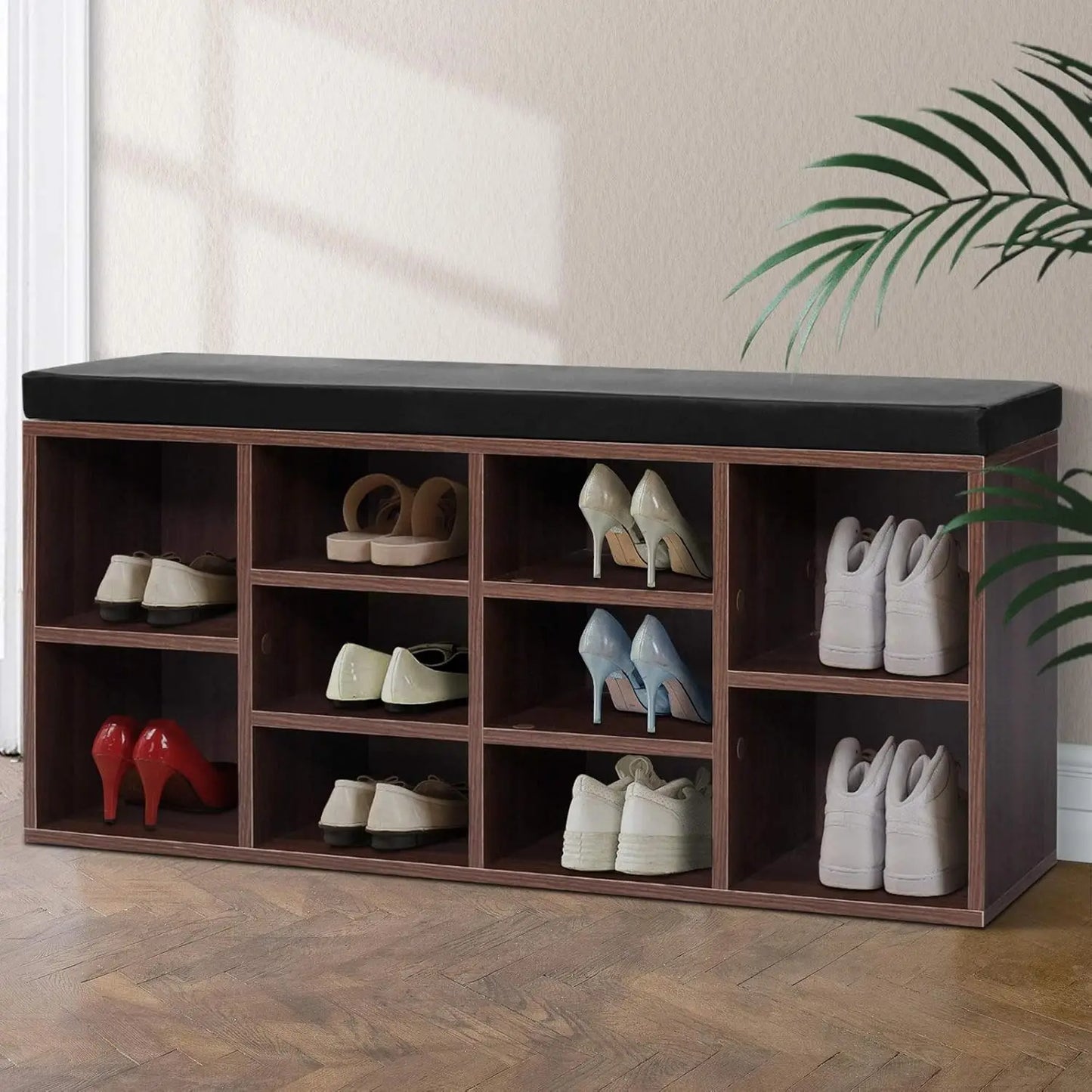 XMSJ Shoe Rack Cabinet Walnut - 10 Shelves Storage Organiser with Drawer - Deal Done