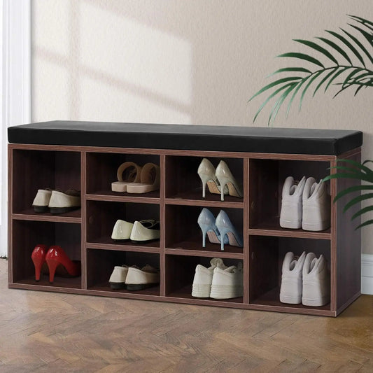 XMSJ Shoe Rack Cabinet Walnut - 10 Shelves Storage Organiser with Drawer - Deal Done
