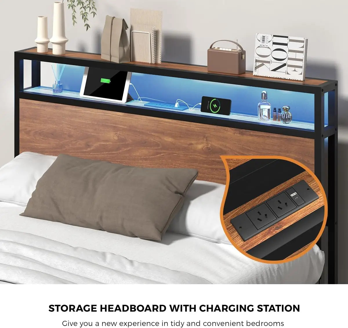 XMSJ Queen Bed Frame LED Light Charging Station - Modern Metal Platform Base - Deal Done