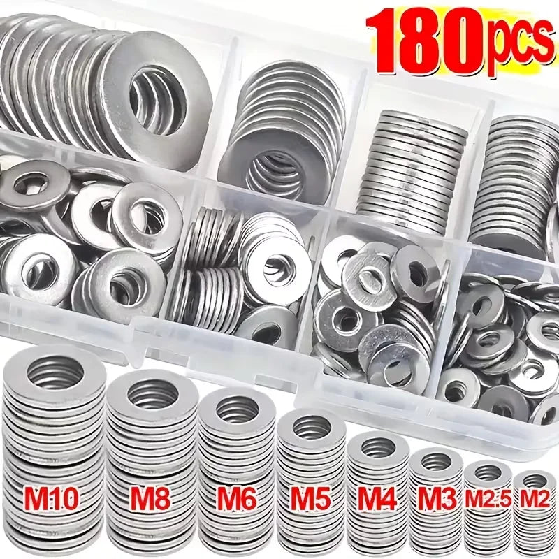 Stainless Steel Flat Washer Assortment Kit 180pcs – M2 to M10