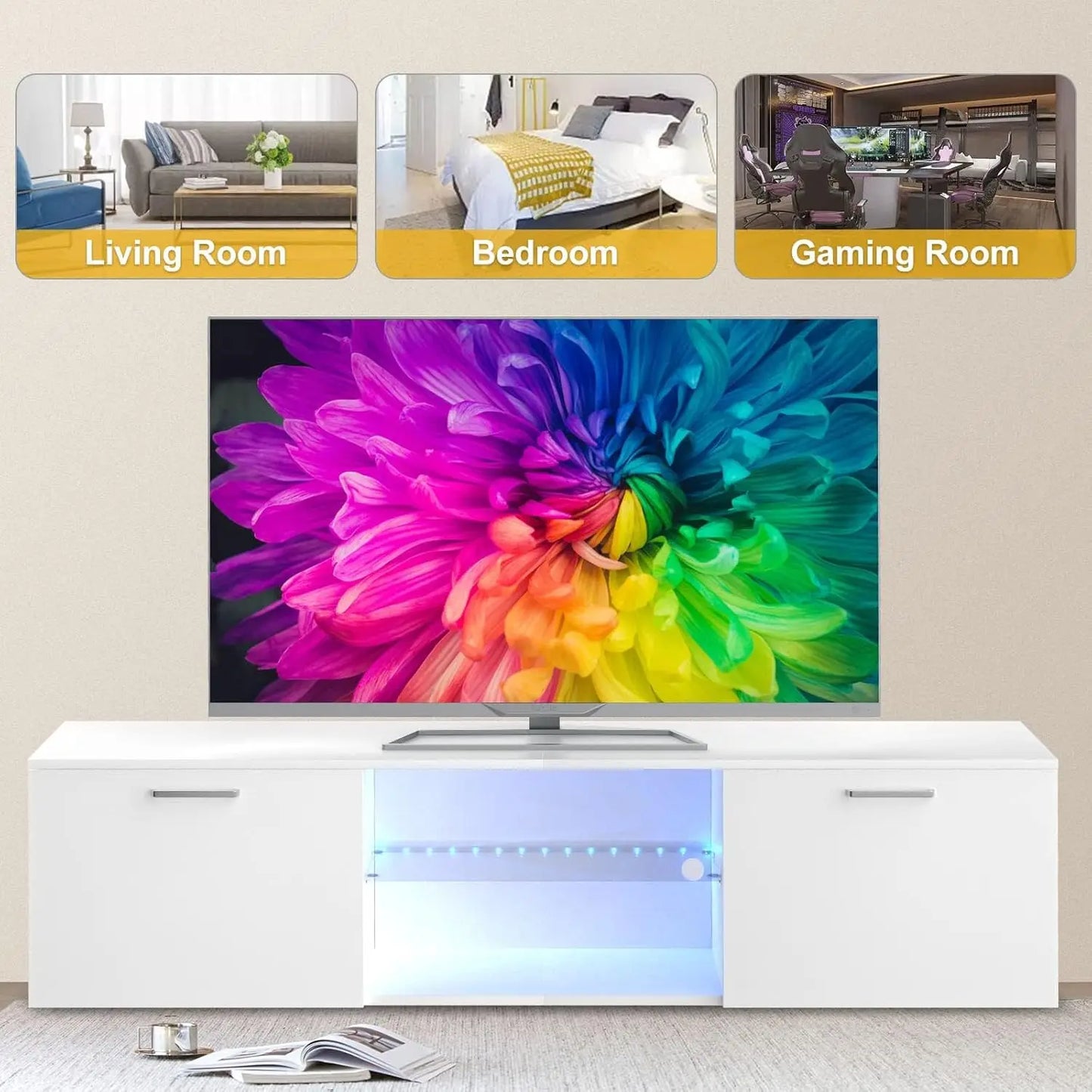 XMSJ TV Stand 60cm White - Modern Entertainment Unit with LED Light - Deal Done