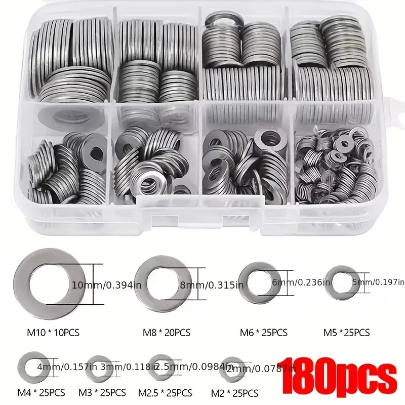 Stainless Steel Flat Washer Assortment Kit 180pcs – M2 to M10