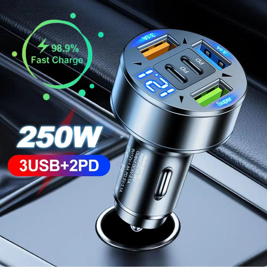 Kebidumei 250W 5-Port Car Charger - Fast Charging PD QC3.0 USB-C Adapter for iPhone Samsung - Deal Done