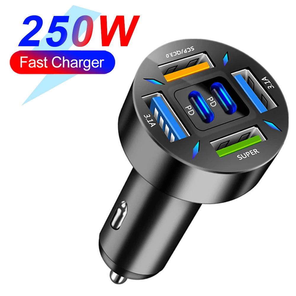 Velev 250W Multi-Port Car Charger - PD QC3.0 Fast Charge 6-Port Cigarette Lighter Adapter - Deal Done