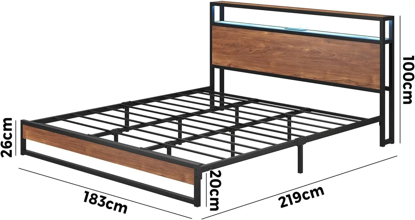 XMSJ King Bed Frame LED Light Charging Station - Classic Metal Platform Base - Deal Done
