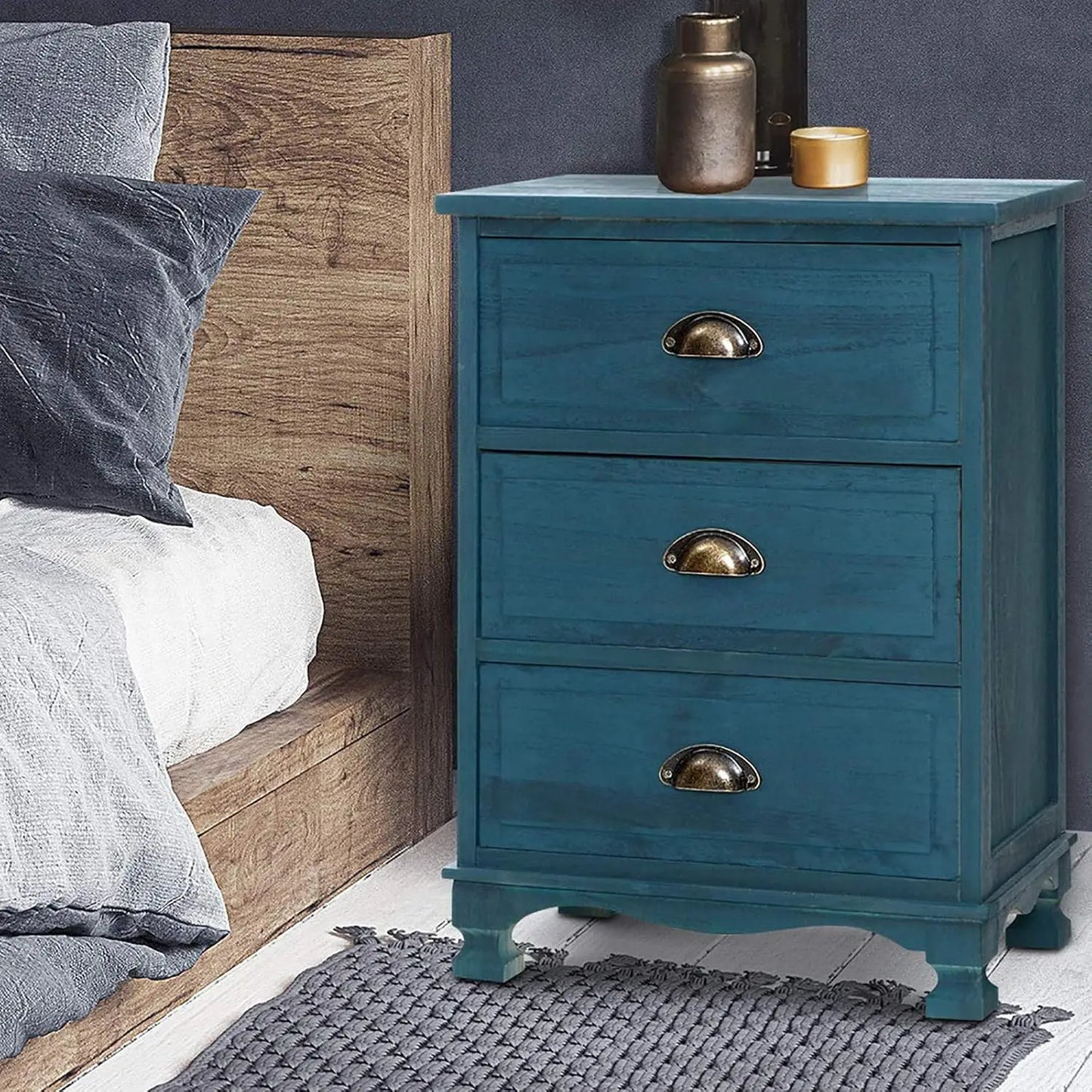 XMSJ Vintage Blue Bedside Table Modern Morocco - 3 Drawer Chest Storage - Deal Done