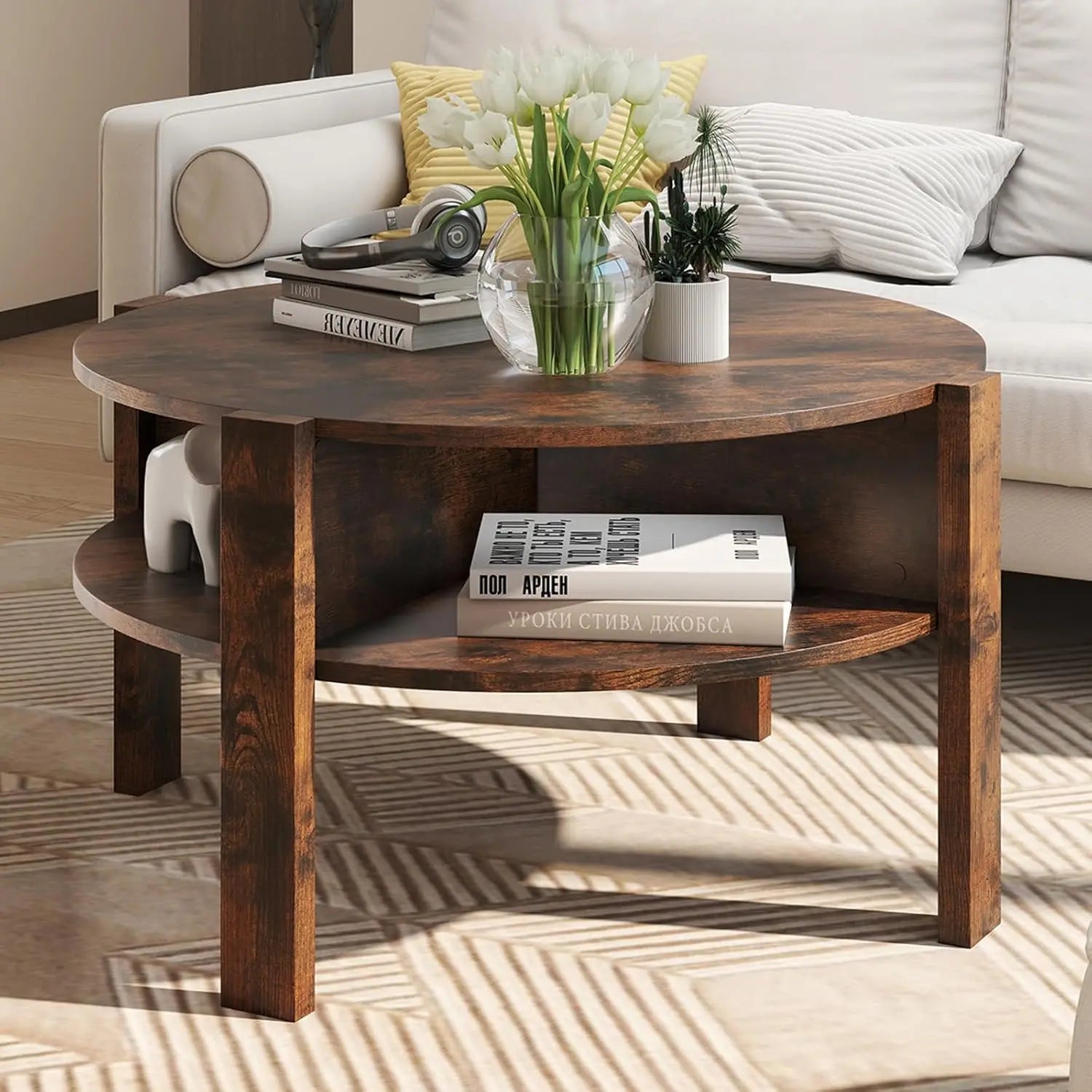 XMSJ Coffee Table 2-Tier - Mid Century Modern with Storage Shelves & 4 Compartments - Deal Done