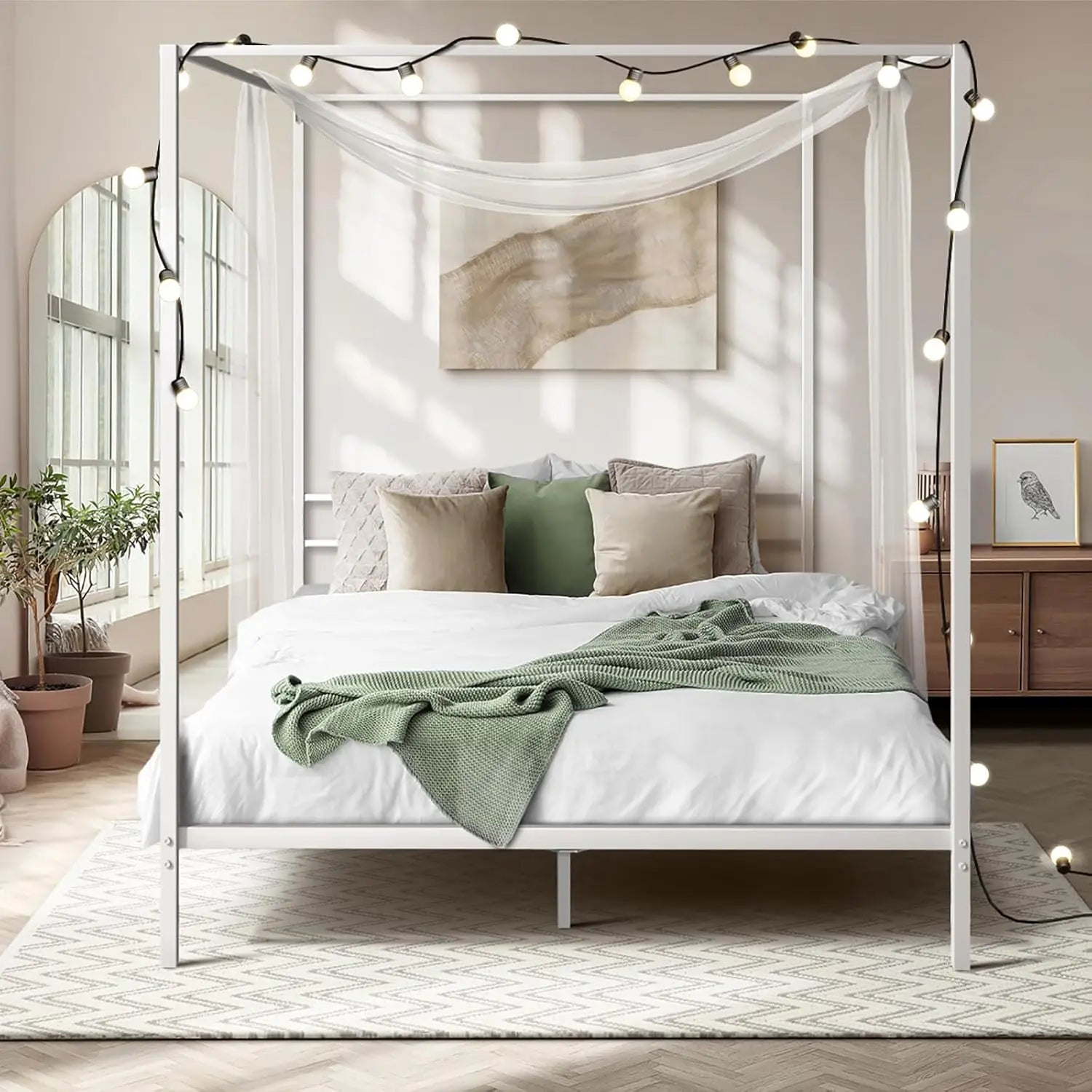 XMSJ Bed Frame Double Size Canopy - Metal Bed Base White Classic Style - Deal Done