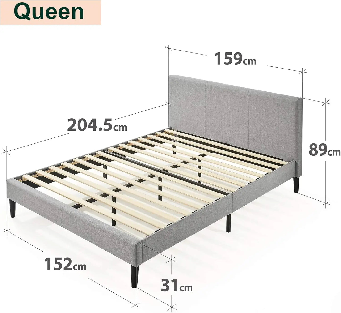 XMSJ Queen Bed Frame Fabric Upholstered Platform - Light Grey Classic Style - Deal Done
