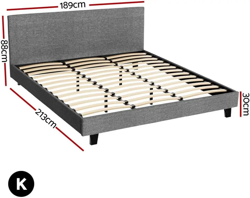 XMSJ King Size Bed Frame Grey NEO - Fabric Upholstered Platform Mattress Base - Deal Done