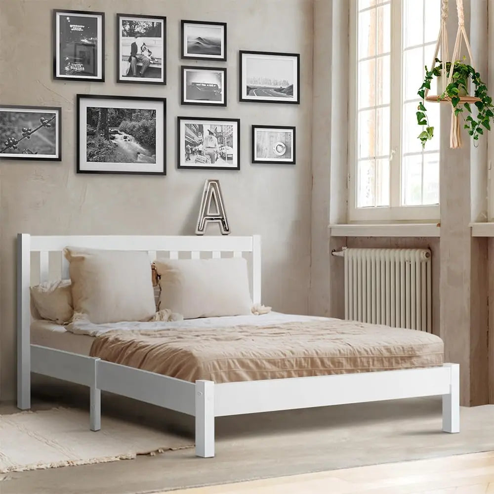 XMSJ Wooden Queen Bed Frame White - Platform Base 26cm Storage Space Timber Noise Free - Deal Done