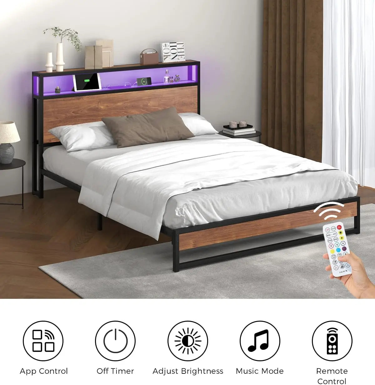 XMSJ Queen Bed Frame LED Light Charging Station - Modern Metal Platform Base - Deal Done