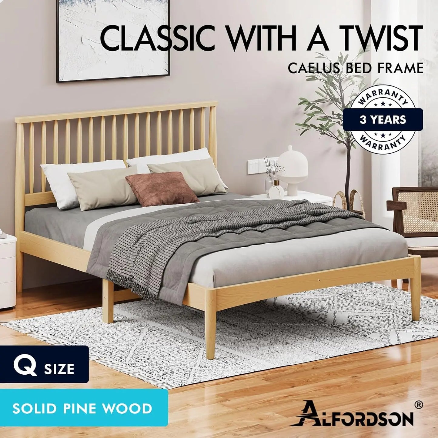 XMSJ Queen Wooden Bed Frame - Solid Pine Platform with Headboard & Timber Slats - Deal Done