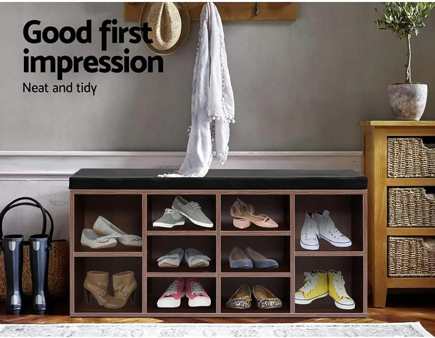 XMSJ Shoe Rack Cabinet Walnut - 10 Shelves Storage Organiser with Drawer - Deal Done