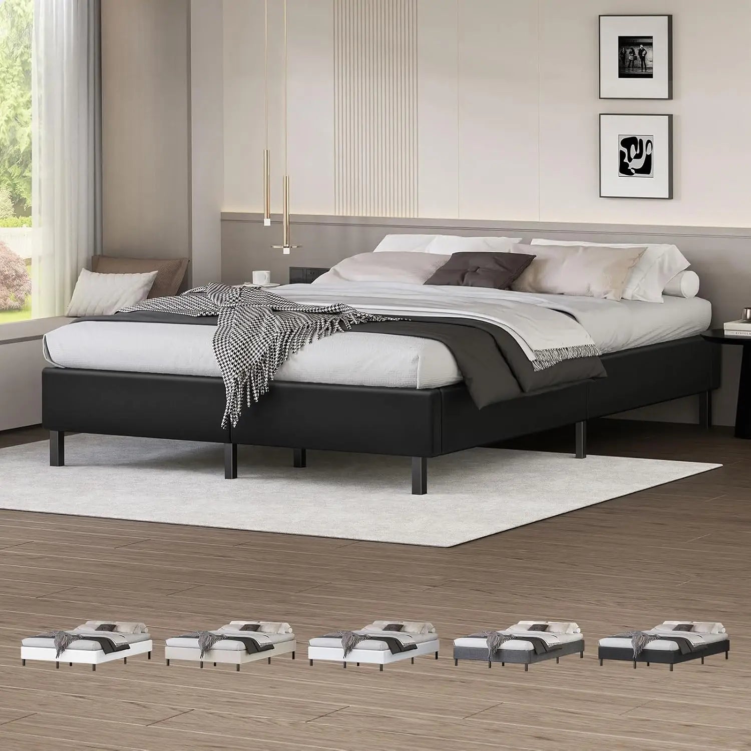 XMSJ Double Bed Frame Platform Base - PU Leather Upholstered Black Basel No Headboard - Deal Done