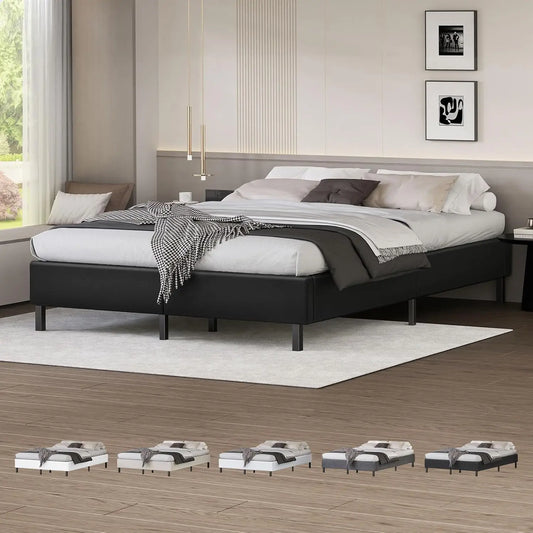 XMSJ Double Bed Frame Platform Base - PU Leather Upholstered Black Basel No Headboard - Deal Done