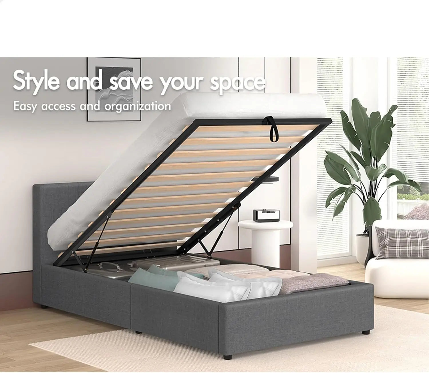 Bed Frame with Gas Lift Storage Base Single Size, Bed Platform Foundation with Linen Fabric Upholstered Tufted Headboard for Mat - Deal Done