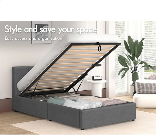 Bed Frame with Gas Lift Storage Base Single Size, Bed Platform Foundation with Linen Fabric Upholstered Tufted Headboard for Mat - Deal Done