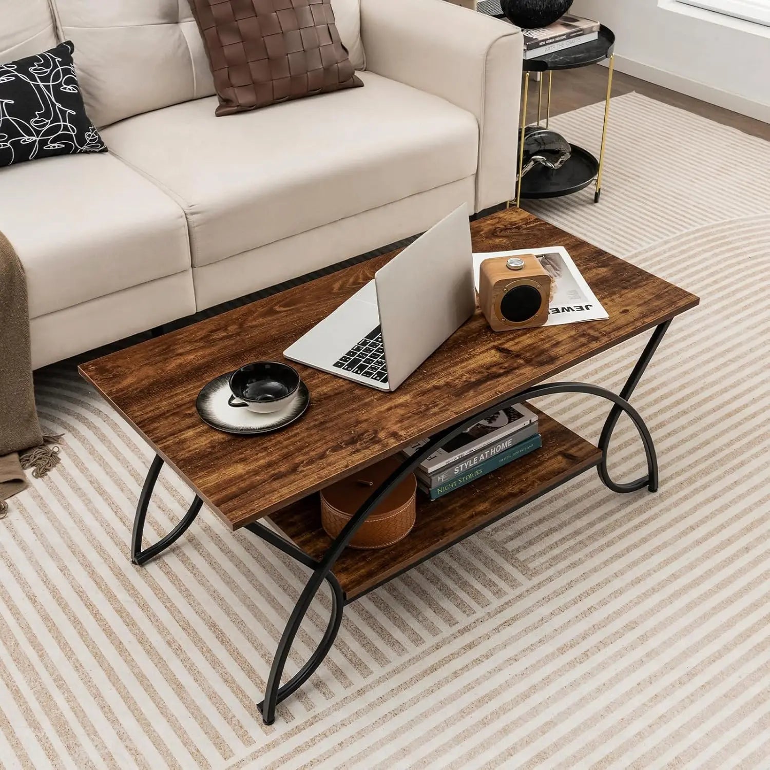 XMSJ Marble Coffee Table - Modern 2-Tier Rectangular with Open Storage Shelf - Deal Done