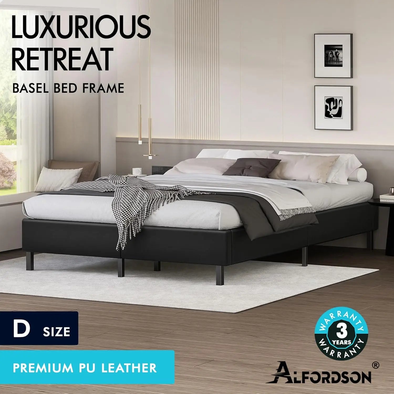 XMSJ Double Bed Frame Platform Base - PU Leather Upholstered Black Basel No Headboard - Deal Done