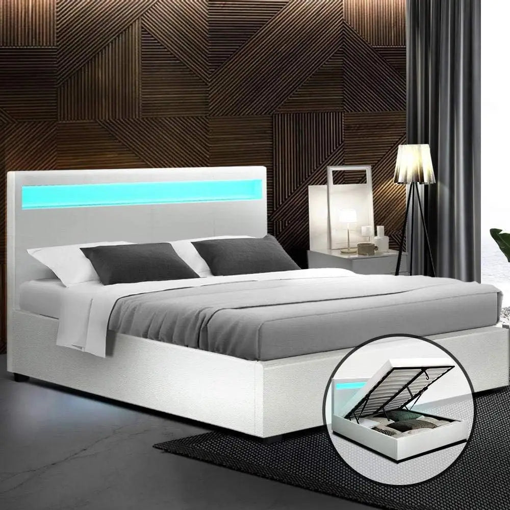 XMSJ Double Bed Frame with RGB LED Headboard & Gas Lift Storage - Platform Base (1500mm) - Deal Done