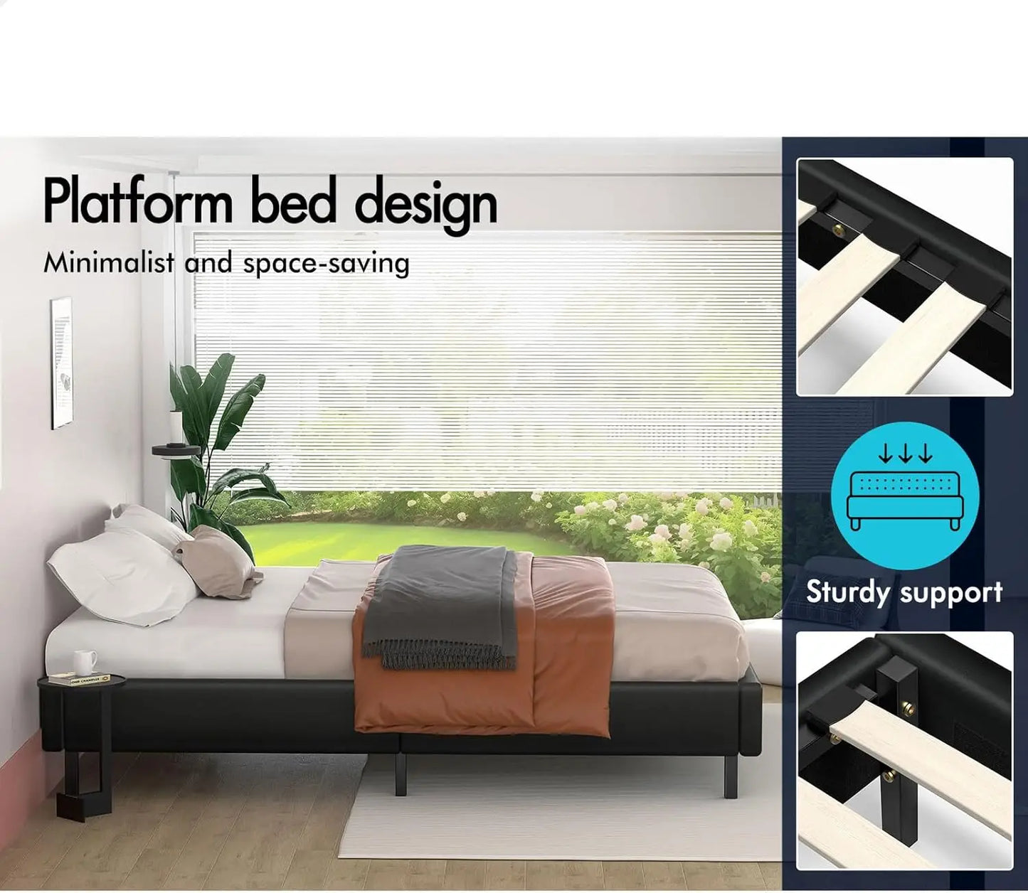 XMSJ Double Bed Frame Platform Base - PU Leather Upholstered Black Basel No Headboard - Deal Done