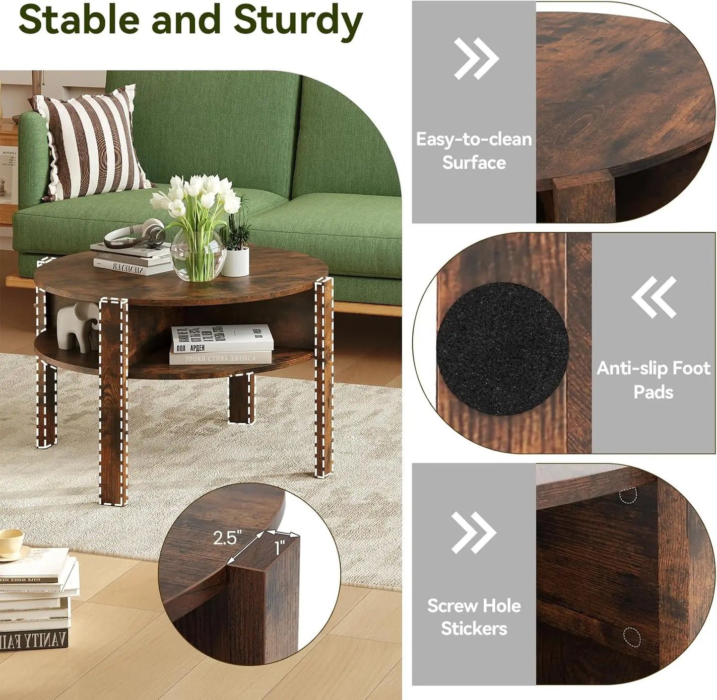 XMSJ Coffee Table 2-Tier - Mid Century Modern with Storage Shelves & 4 Compartments - Deal Done