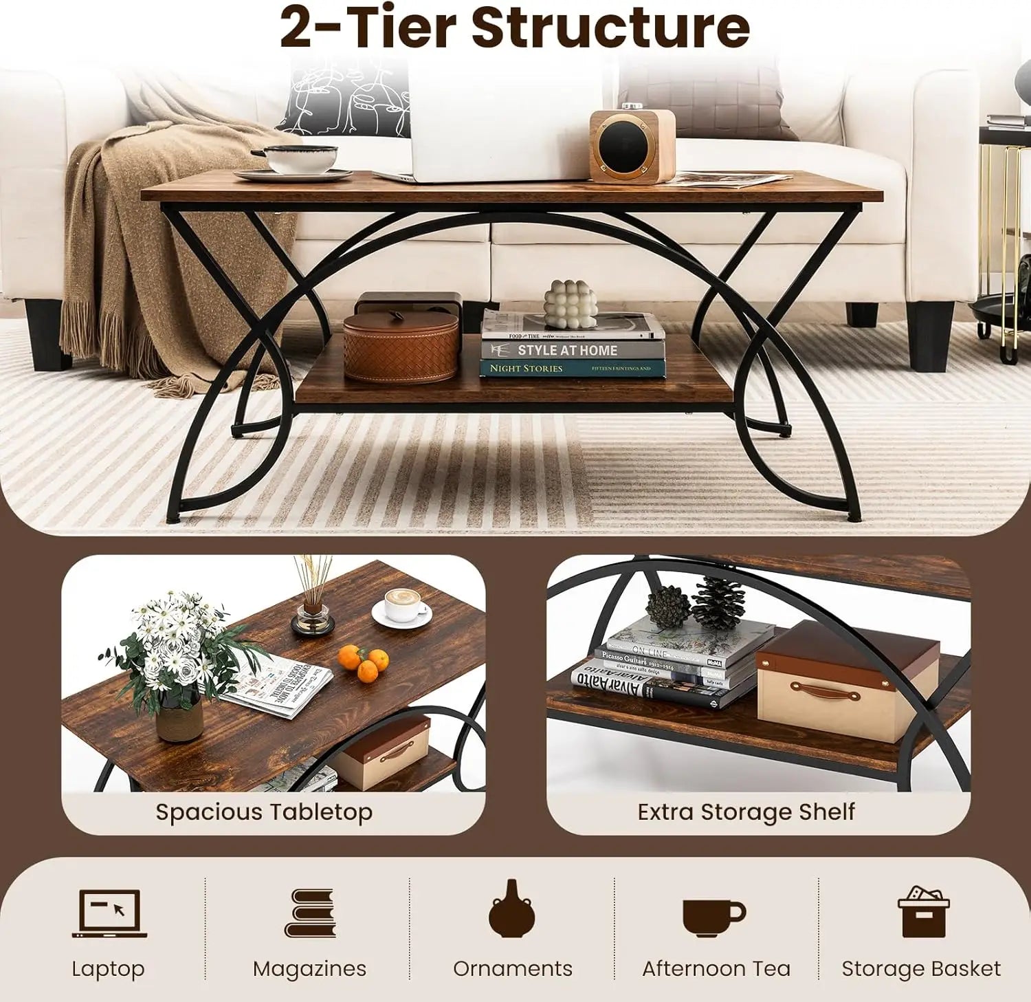 XMSJ Marble Coffee Table - Modern 2-Tier Rectangular with Open Storage Shelf - Deal Done