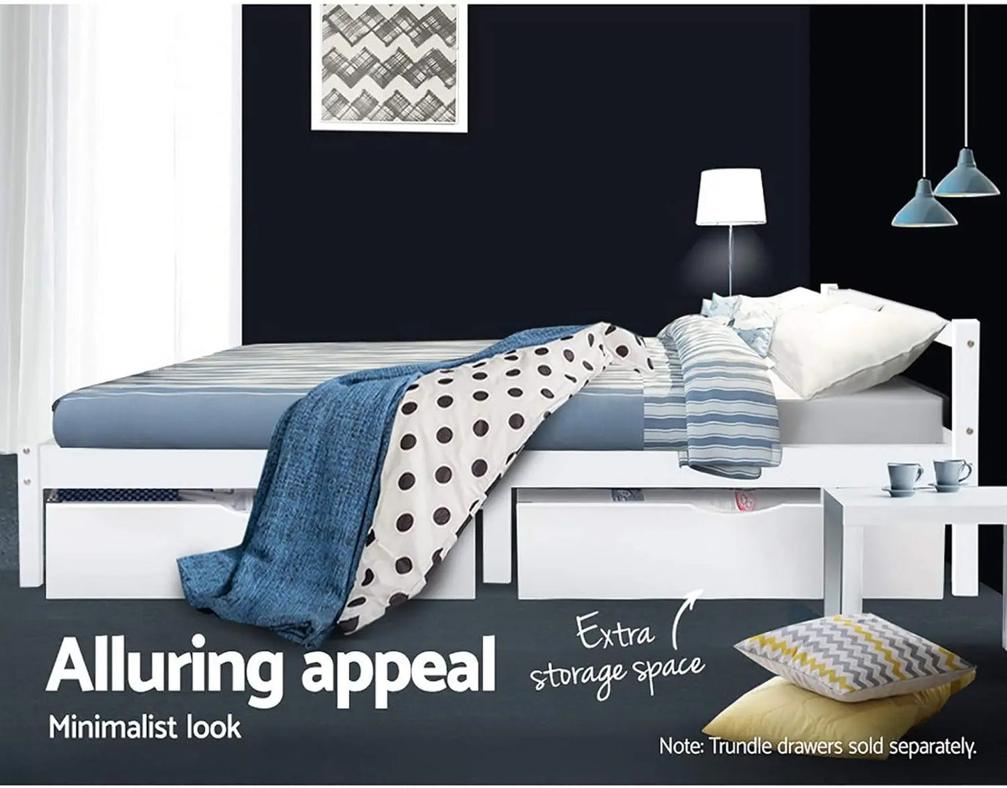 XMSJ Wooden Double Bed Base White - Pine Platform with Headboard & Storage - Deal Done