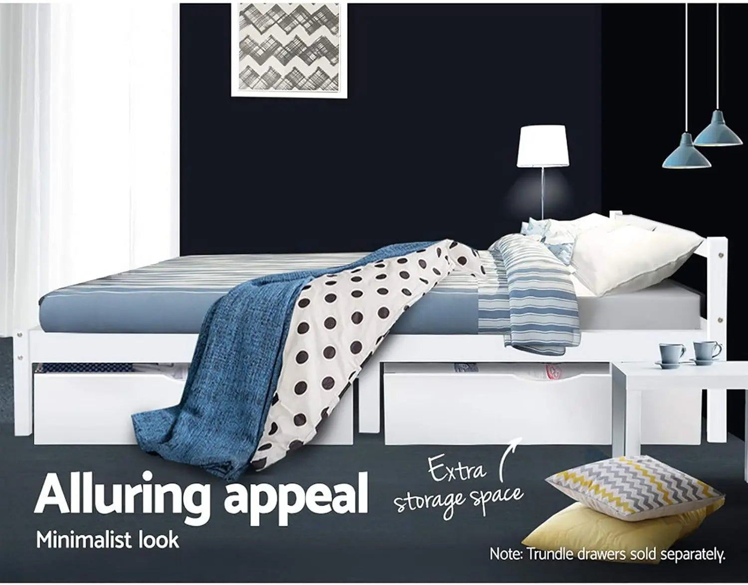 XMSJ Wooden Double Bed Base White - Pine Platform with Headboard & Storage - Deal Done