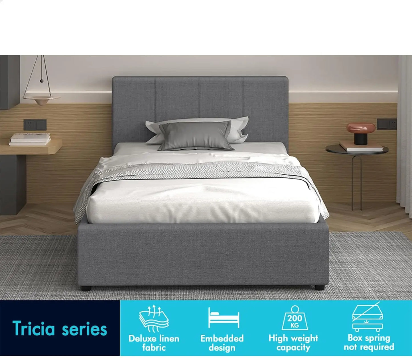 Bed Frame with Gas Lift Storage Base Single Size, Bed Platform Foundation with Linen Fabric Upholstered Tufted Headboard for Mat - Deal Done