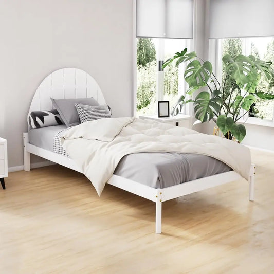 XMSJ Platform Bed Frame with Headboard - White Wooden Timber Slat Base - Deal Done