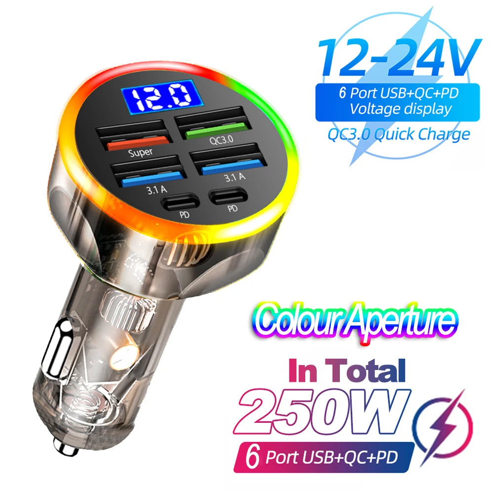 Velev 250W Multi-Port Car Charger - PD QC3.0 Fast Charge 6-Port Cigarette Lighter Adapter - Deal Done