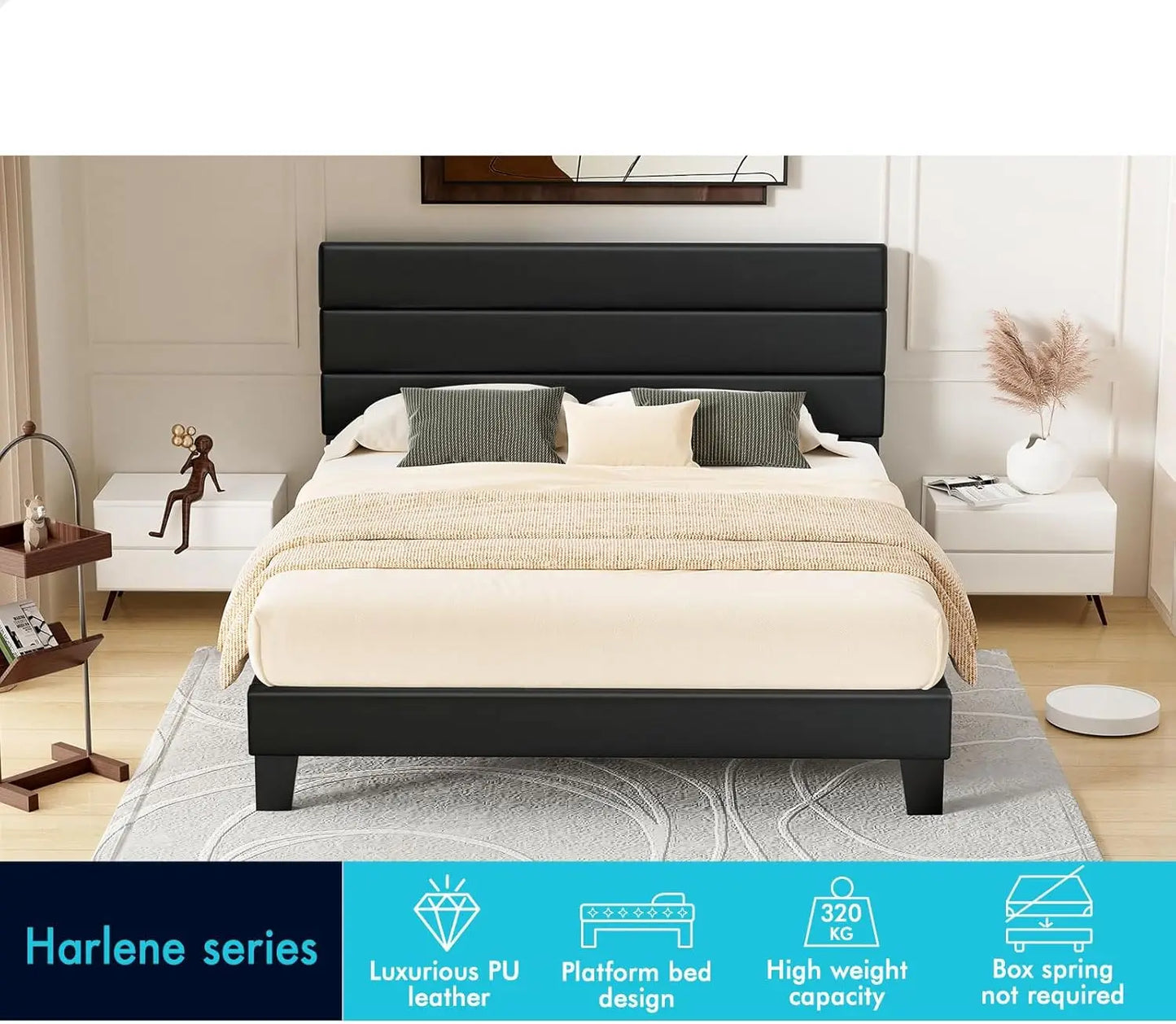 XMSJ Double Bed Frame with Headboard - PU Leather Upholstered Platform Foundation - Deal Done